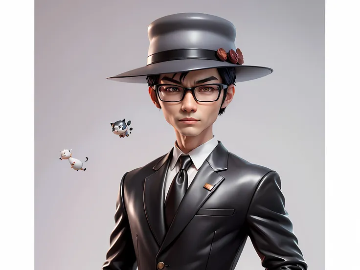 Young man with oriental face in leather hat, tiger, oriental face in formal suit, short black hair, silver glasses, digital painting, 3D character design by Mark Clairedon and Pixar and Hayao Miyazaki and Akira Toriyama, the illustration is a high-definiti...