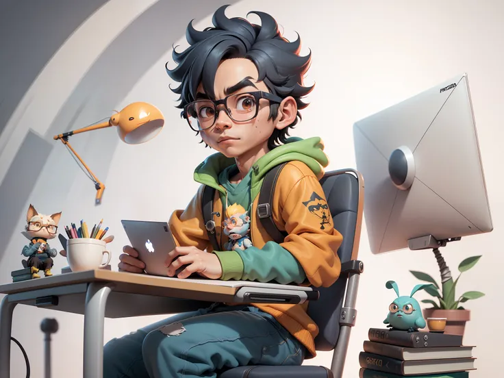 A young man with glasses sits at his desk，holding laptop，digitial painting，3D character design by Mark Clairen and Pixar and Hayao Miyazaki and Akira Toriyama，4K HD illustration，Very detailed facial features and cartoon-style visuals。