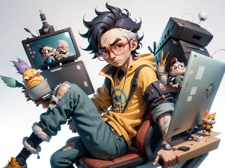 A young man with glasses sits at his desk，holding laptop，digitial painting，3D character design by Mark Clairen and Pixar and Hayao Miyazaki and Akira Toriyama，4K HD illustration，Very detailed facial features and cartoon-style visuals。