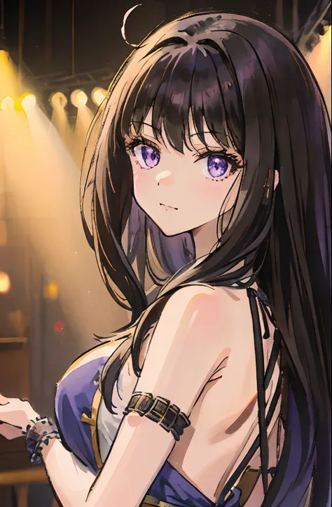 A beautiful and cute girl, huge smile、Idol Pose、1girl in, Solo, Long hair, A dark-haired,Purple eyes, hair messy, long hair bangs, Beautiful detailed eyes, Looking at Viewer, deadpan, Closed mouth, Portrait, Bangs,Blue idol costume, Upper body,bad-girl, Sm...