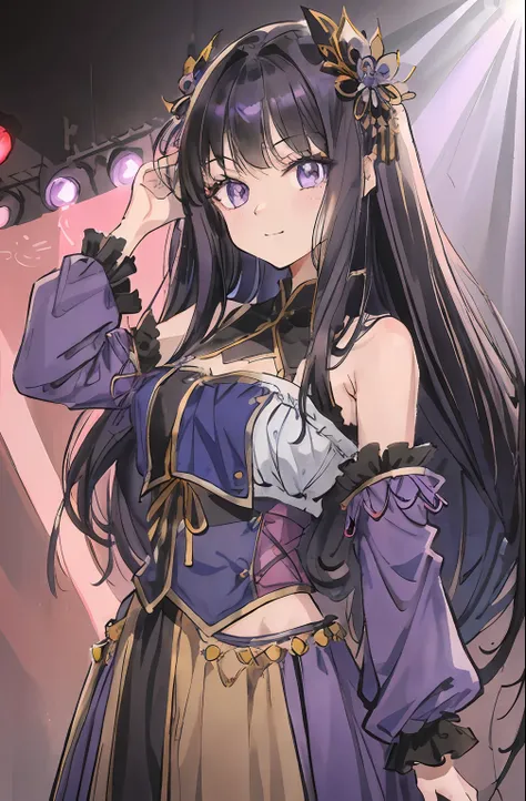 A beautiful and cute girl, huge smile、Idle Pose、1girl in, Solo, Long hair, A dark-haired,Purple eyes, hair messy, long hair bangs, Beautiful detailed eyes, Looking at Viewer, deadpan, Closed mouth, Portrait, Bangs,Blue Idol Costume,corsets、Blue Hair Orname...