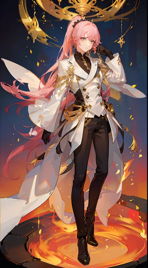 adult man, pink hair, high ponytail, golden eyes, white suit with gold elements, Masterpiece, hiquality