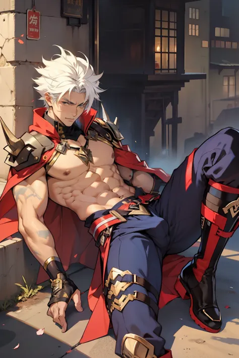 Highest image quality，male people，child，1 boy，Young and handsome，shoun，White color hair，Short flat top hair，Dark  skin，anime big breast，anime wallpaper，Solo，malefocus，Briefs，Dilation of the pectoral muscles，Red cape，Bulging crotch，Urban background，spread t...