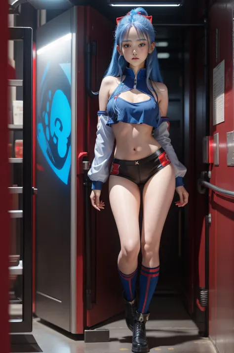 full body view, blue hair with red lights, kim chaewon, cute face, fantasy revealing outfit, exposed body, small breast, exposed midriff, is standing. The photo is taken in UHD 4K and is very detailed.