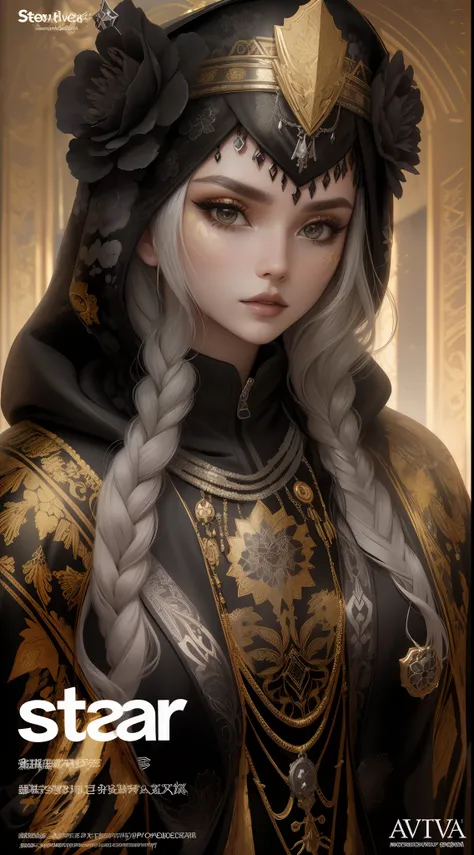 a beautiful slavic queen wearing a modern black hoodie, covered in floral gold & silver crystal jewels, magazine cover,bold and ...