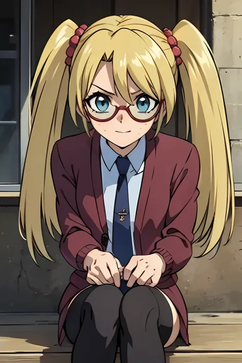 (masterpiece, best quality, ultra-detailed), 1girl, rebecca hopkins, blonde hair, twintails, red glasses,looking at viewer, sitt...