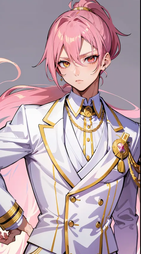 adult man, pink hair, high ponytail, golden eyes, white suit with gold elements, Masterpiece, hiquality