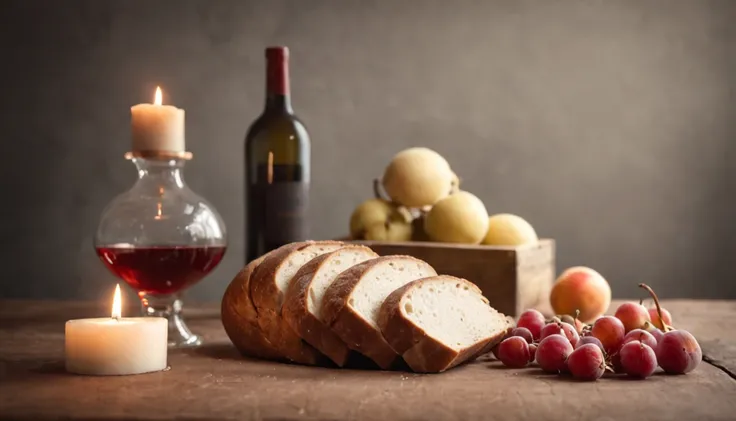 Picture a simple, yet evocative scene, reminiscent of a 19th-century kitchen. An aged wooden table serves as the stage for a humble meal: a loaf of fresh bread, a wedge of cheese, and a bowl of ripe fruits. A vintage wine bottle and an extinguished candle ...