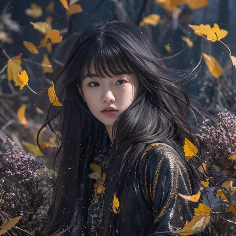 32K（tmasterpiece，k hd，hyper HD，32K）Long flowing black hair，ponds，zydink， a color，  Asian people （Silly girl）， （Silk scarf）， Combat posture， looking at the ground， long whitr hair， Floating hair， Carp pattern headdress， Chinese bright purple long-sleeved ou...