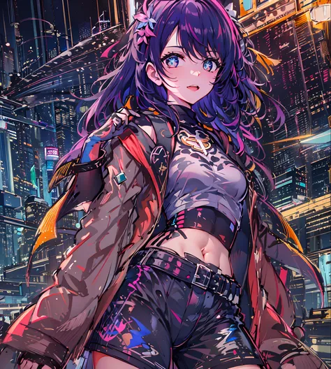 Noite, Fundo colorido da cidade cyberpunk, chuva, Rua , seele,honkai impact,1menina, seios, recorte de decote, recorte de roupa, crop top, sombra, presas, gradient hair, cabelo grisalho, hair rings, jaqueta, olhando para o espectador, maquiagem, umbigo, bo...