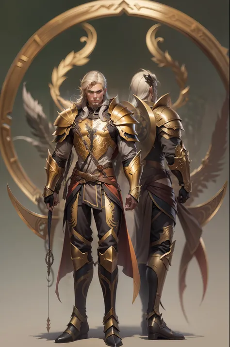 Male Character Archer Fantasy Action Background Pose Fantasy Face Action Serious Armor Golden Arc Character Long Arch with Height of 1,90m com olhos pretos e marcas de cabelos brancos