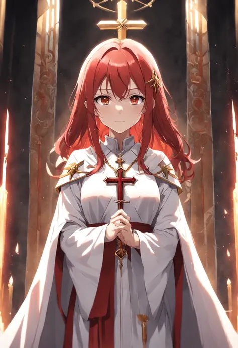 1female, girl, christian cross necklace, red hair, green eyes, throne room background, spear, white and red robes