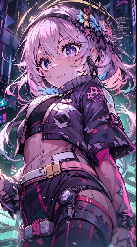 noite, fundo colorido da cidade cyberpunk, chuva, menina de rua, seele,honkai impact,, olhos azuis, olhos brilhantes, meias pret...