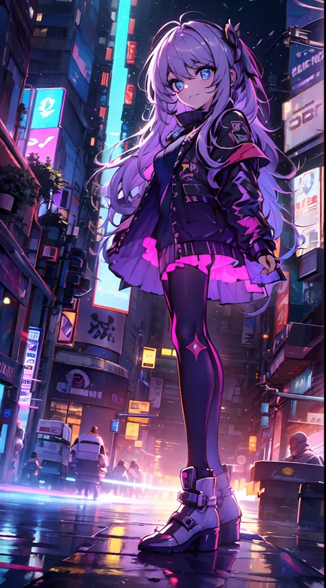 noite, fundo colorido da cidade cyberpunk, chuva, menina de rua, seele,honkai impact,, olhos azuis, olhos brilhantes, meias pret...