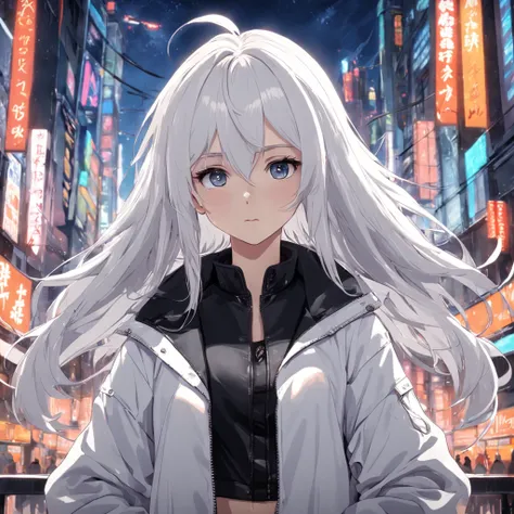 Masterpiece, Best Quality, ultra detail, A  girl, white colored hair, shingle, Black Long Jacket, white tshirt, black leather pants, turned to face the viewer, against the backdrop of the city, Simple background