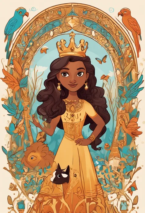 "Create an endearing character reminiscent of Disney princesses, but with a Jewish twist. She is a young Jewish princess living in a vibrant and magical kingdom. Her appearance is captivating, with stunning hair and a dress that weaves elements of Jewish c...