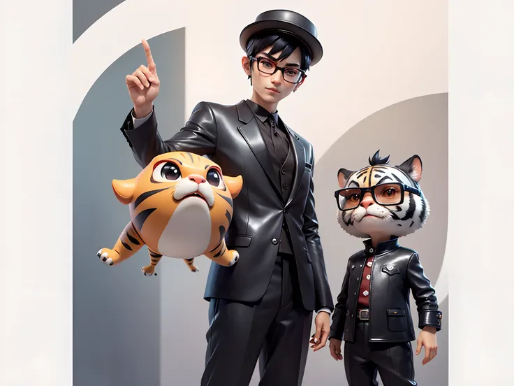 Young man with oriental face in leather hat, tiger, oriental face in formal suit, short black hair, silver glasses, digital painting, 3D character design by Mark Clairedon and Pixar and Hayao Miyazaki and Akira Toriyama, the illustration is a high-definiti...