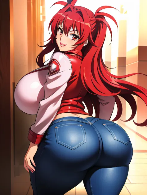 Highschool dxd, Rias Gremory, 1girl, (((bimbo))), puffy lips, High quality face,  painted lips, thick lips, wide hips, thick thighs, big breast, huge ass, erotic, Smile face, bubble butt, breasts, leather jacket, blue jeans