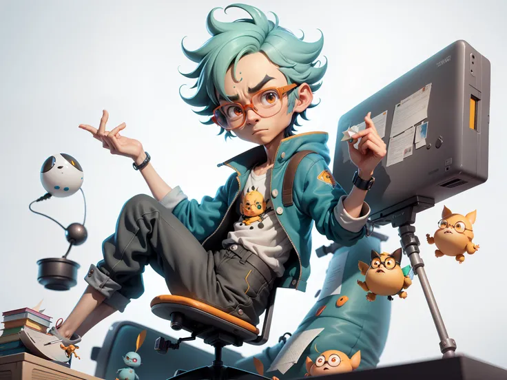 A young man with glasses sits at his desk，holding laptop，digitial painting，3D character design by Mark Clairen and Pixar and Hayao Miyazaki and Akira Toriyama，4K HD illustration，Very detailed facial features and cartoon-style visuals。