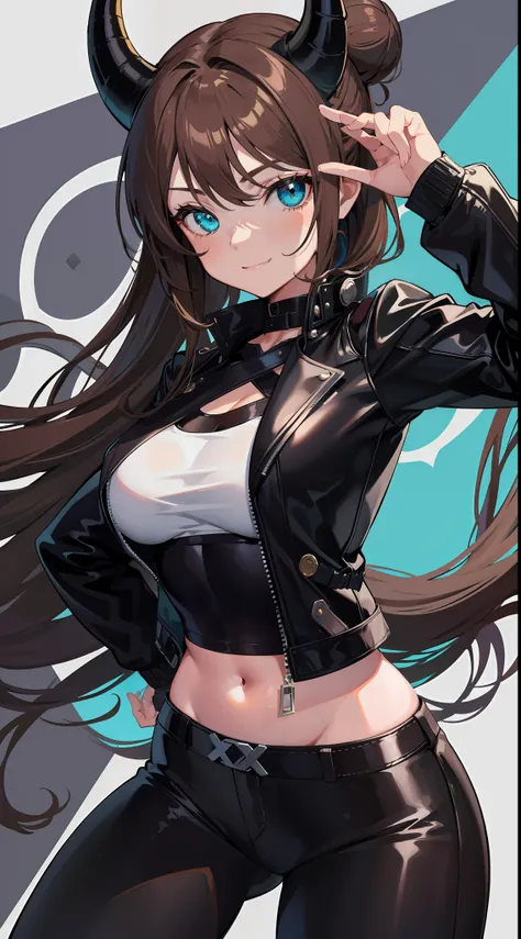 Adult woman, long brown hair, hair in a bun, Cyan eyes, dragon horns, Black tight pants, Black tight top, White leather jacket, ssmile, Masterpiece, hiquality