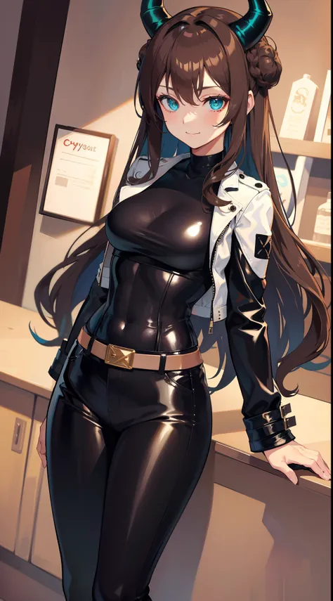 Adult woman, long brown hair, hair in a bun, Cyan eyes, dragon horns, Black tight pants, Black tight top, White leather jacket, ssmile, Masterpiece, hiquality