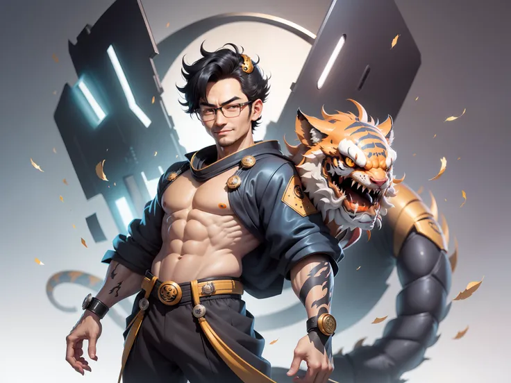 (Masterpiece), (Excellent), (Super Meticulous), (Full Body: 1.2), Super Young Man with Japanese Female Geisha, Pretty, Beautiful, Chinese Dragon, Tiger, Wind God Thor, Sexy, Bursting, Oriental Face, TV Anchor, Bust Portrait Illustration, Black Suit, Blue T...