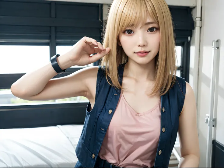 blond woman in a、shorth hair、Smaller chest、Short sleeve T-shirt in pink color、Wearing a navy sleeveless jacket over a t-shirt、Wearing light blue jeans、Wearing a black belt、A bracelet