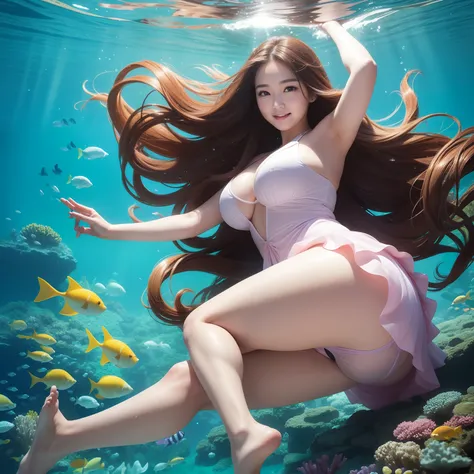 One Woman、japanes、quite long-haired、Brown hair、age 30s、A MILF、Under clear sea water、With smiling eyes、Her face turned red、Super huge、Big ass、plump figure、Stretch your legs wide、Spread each leg in reverse direction、plus size model、full body seen、The body is...