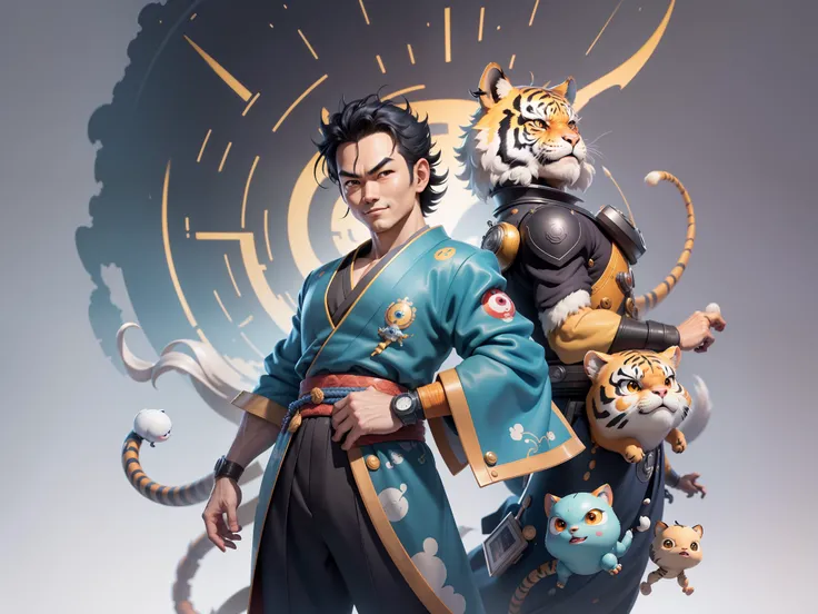 (Masterpiece), (Excellent), (Super Meticulous), (Full Body: 1.2), Super Young Man, Oriental Face, Japanese Kimono, Japanese Wind Thunder God, Dragon, Tiger, TV Anchor, Bust Portrait Illustration, Alone, Black Suit, Blue Tie, Slightly Chubby Face, Very Clea...