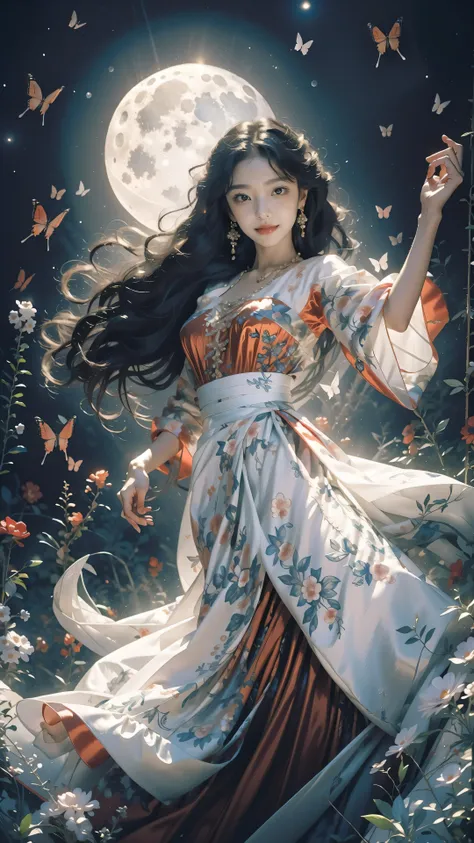 masterpiece,best quality,film lighting,highres,moon light,1girl,solo,black hair,(loog hair:1.2),long hair,sen,nature,(red dress:1.5),plan,colorful flowers,(flowers:1.2),butterfly style,(front photo:1.2),wide sleeves,wide skirt,(butterfly:1.2),