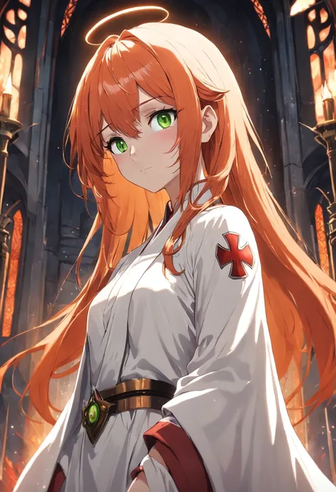 1female, orange hair, green eyes, throne room background, white robes with red cross, best quality, detailed face, detailed eyes