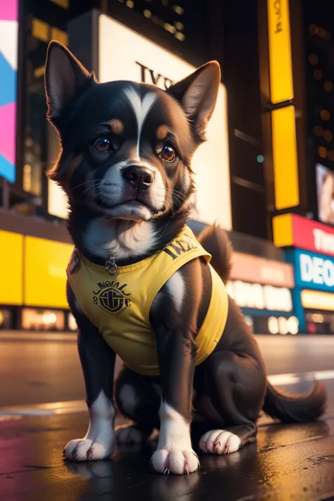 Um cachorro vestindo uma capa amarela na time square em uma noite chuvosa