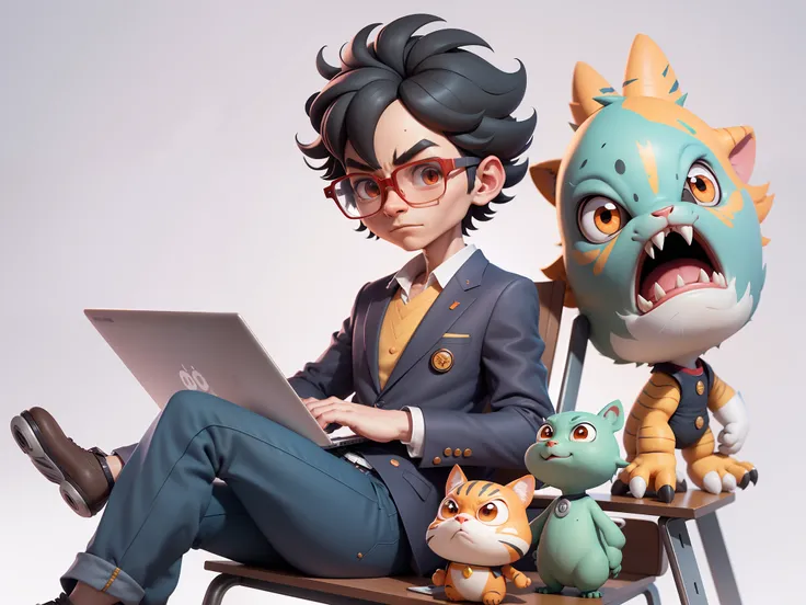 A young man in a suit, Short hair and glasses sat at his desk，holding laptop，digitial painting，tigre，3D character design by Mark Clairen and Pixar and Hayao Miyazaki and Akira Toriyama，4K HD illustration，Very detailed facial features and cartoon-style visu...