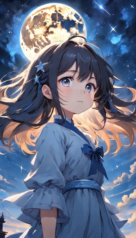 A girl who is captivated by a charming starry night, Gaze at the Symphony of Celestial Bodies Symphony of the Stars, wispy clouds, meteors, And a brilliant full moon, Grab your audiences attention.