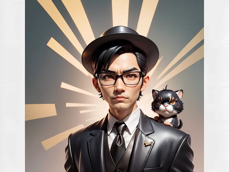 Young man with oriental face in leather hat, tiger, oriental face in formal suit, short black hair, silver glasses, digital painting, 3D character design by Mark Clairedon and Pixar and Hayao Miyazaki and Akira Toriyama, the illustration is a high-definiti...