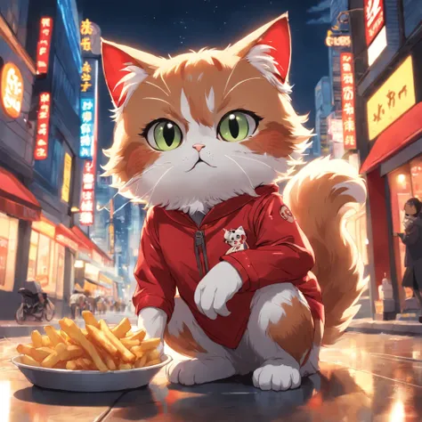 An exquisite CG illustration showcases a cute cat with big eyes enjoying crispy fried chicken and French fries in front of a KFC under the full moon. The cat is wearing a red outfit.