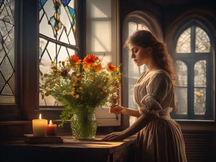 bouquet of wildflowers, pretty young peasant woman watering the flowers, open window with stormy sky, old wooden table, Romanticism, backlighting, ray tracing, f/16, Canon, masterpiece, high quality, 8k
stained glass, raven, open book, full moon, candle, A...