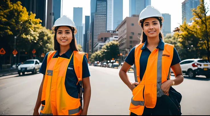 A charming one  young woman dressed in a construction worker attire, exuding confidence and determination amidst the urban landscape, Canon EOS R6 with 24-70mm f/2.8 lens, natural sunlight, urban lifestyle photography.