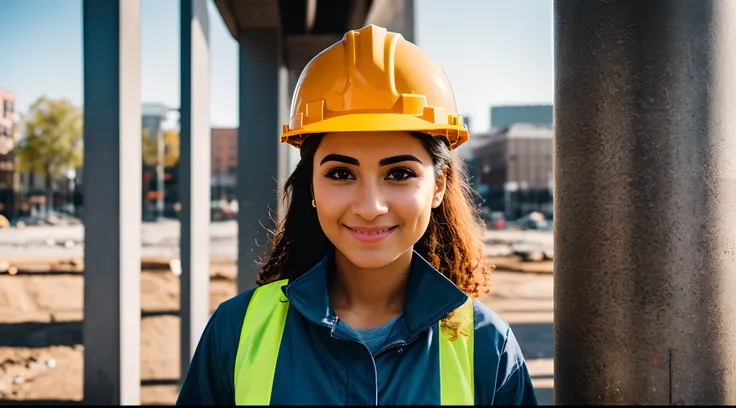 A charming one  young woman dressed in a construction worker attire, exuding confidence and determination amidst the urban landscape, Canon EOS R6 with 24-70mm f/2.8 lens, natural sunlight, urban lifestyle photography.