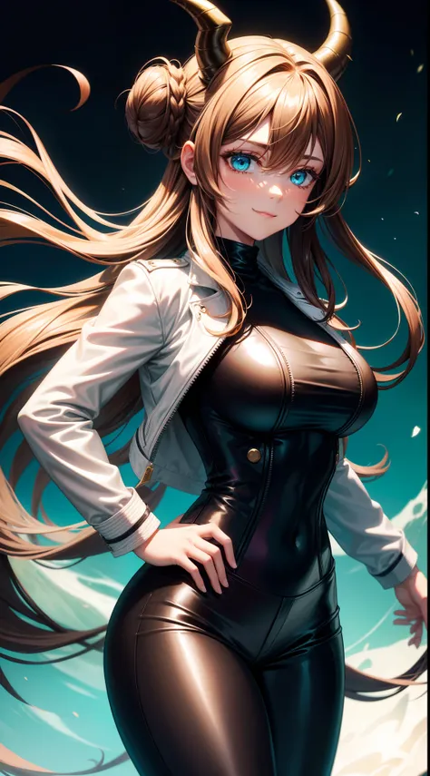 Adult woman, Long brown hair, hair in a bun, Cyan eyes, dragon horns, black tight pants, Black tight top, White leather jacket, ssmile, Masterpiece, hiquality