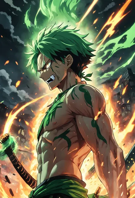 Design a gripping poster featuring zoro from "One Piece" in a fit of rage. Capture the essence of his burning determination and unyielding spirit as he unleashes his wrath upon his enemies. Keep it short, bold, and intense to convey the raw power of zoros ...