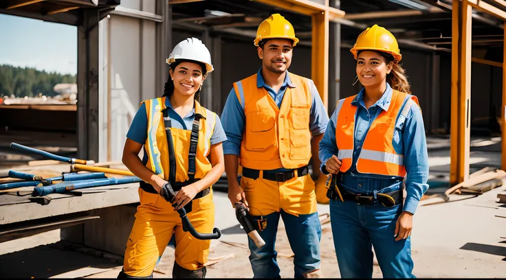 Capturing the essence of empowerment, a cute woman donning a construction workers outfit, standing confidently with tools in hand, Nikon Z50 with 18-55mm f/3.5-5.6 lens, vibrant outdoor lighting, lifestyle portrait.