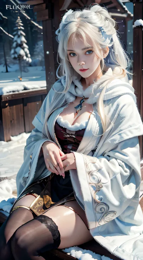 (8K)，Photorealistic, high resolution, 1 Women, Solo, (Lolita costume)， Beautiful eyes, White hair, ringed eyes, (sitted，Cloak，Cover with snow)，snowfield，