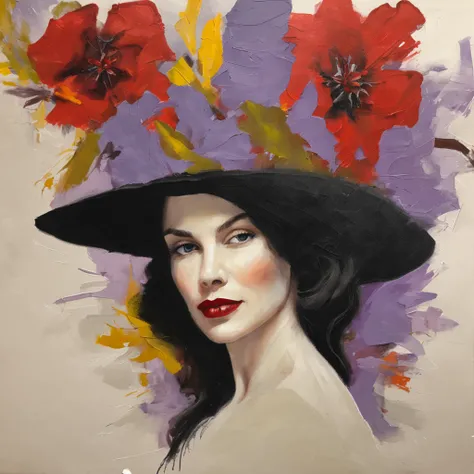 [Em uma folha de caderno de desenho com linhas azuis, A beautiful and intriguing woman looks at the viewer with a faint smile on her lips. Ela tem cabelos longos e escuros, que caem sobre os seus ombros. She wears a black hat adorned with red flowers, yell...