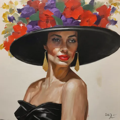 [Em uma folha de caderno de desenho com linhas azuis, A beautiful and intriguing woman looks at the viewer with a faint smile on her lips. Ela tem cabelos longos e escuros, que caem sobre os seus ombros. She wears a black hat adorned with red flowers, yell...