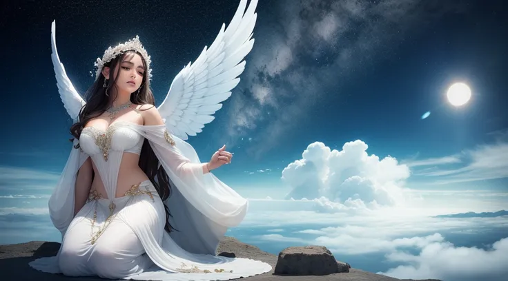 The angel must have a serene and majestic appearance, with bright white wings extending backwards. Your features should convey a calm and angelic expression, with soft eyes and a soft smile on his lips. The angel will be sitting or floating on a soft, nuve...