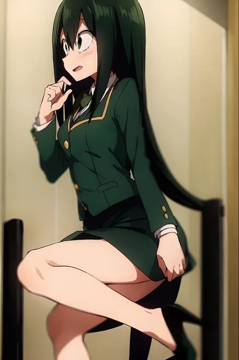 asui_tsuyu 1girl, solo, dark green skirt suit, dark green blazer, dark green pencil skirt, bare legs, high heels