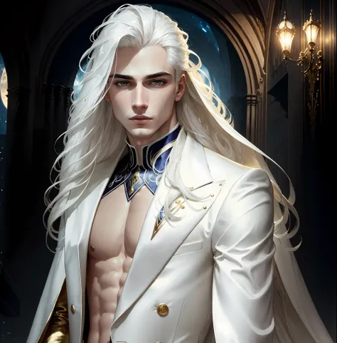 masterpiece, highest quality, (solo focus), (perfect face:1.1), (high detail:1.1), dramatic, 1guy, (pale skin), long white hair, white eyes, [light eyebrows], solo, long hair, moon, night, white luxury suit, covered navel, pouty lips, covered, futuristic c...