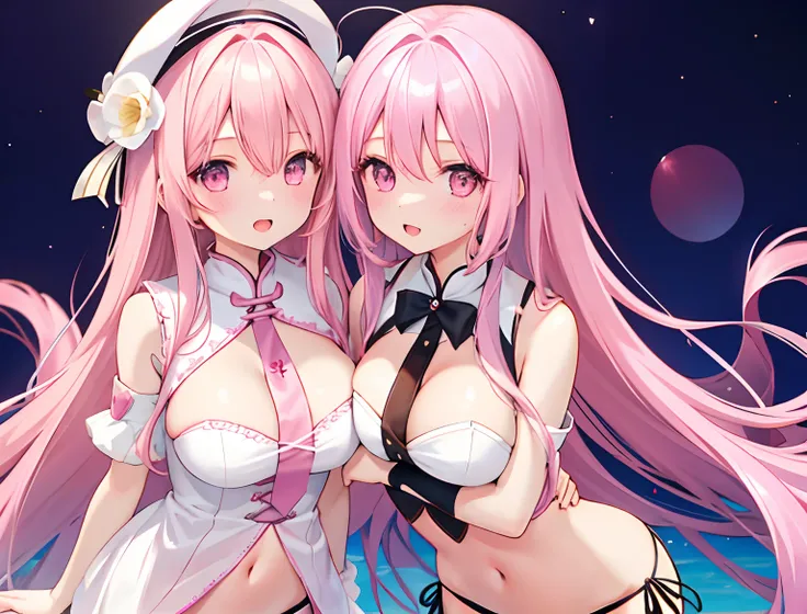 2girls，A pink-haired，long whitr hair，mediuml breasts，比基尼，Breast collision，Light panties