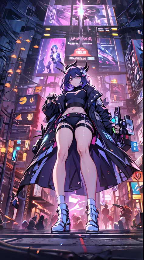 noite, fundo colorido da cidade cyberpunk, menina de rua, seele,honkai impact,, olhos azuis, olhos brilhantes, meias pretas, ret...